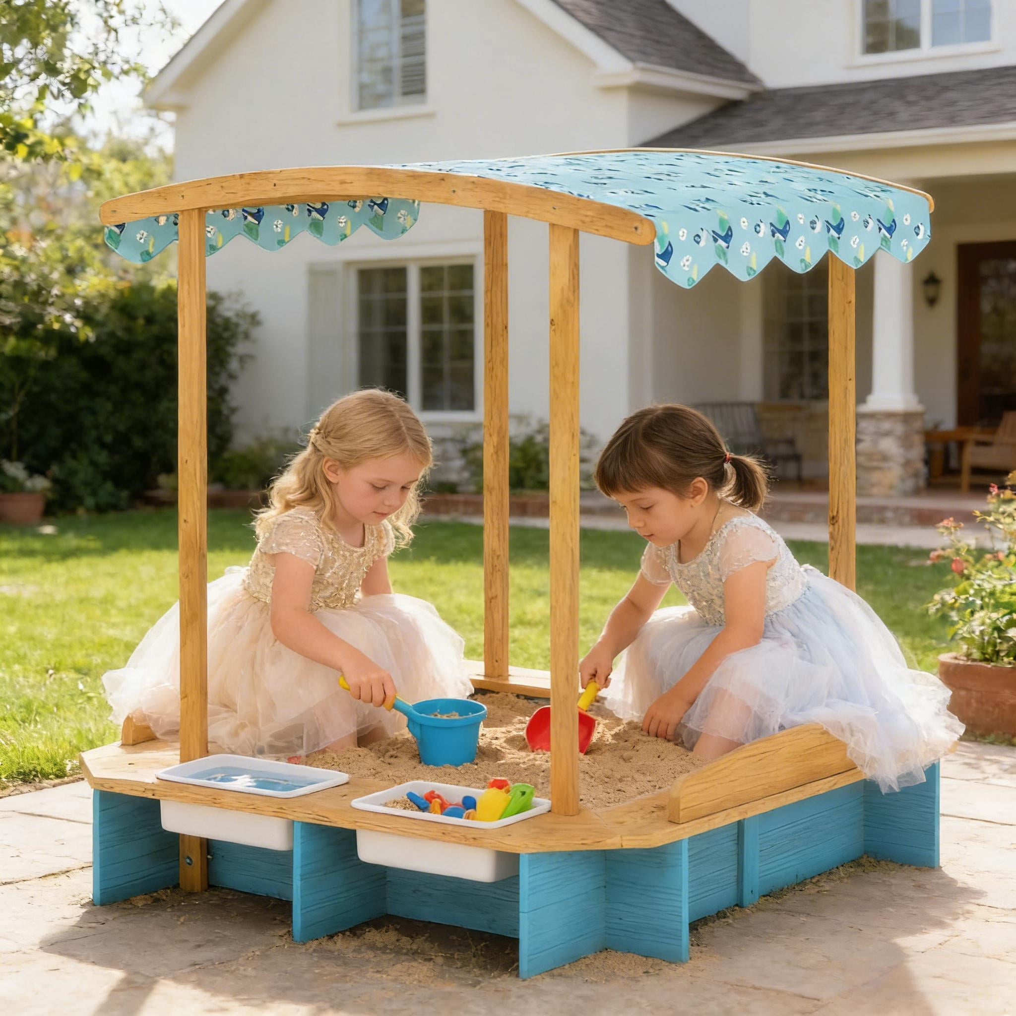 Kids Wooden Sandbox with Dinosaur Print Oxford Canopy, 3-Sided Bench Seats for 6 Children, 2 Removable Storage Boxes, Fir Wood Outdoor Sand Pit with Bottom Liner for Backyard Ages 3-6