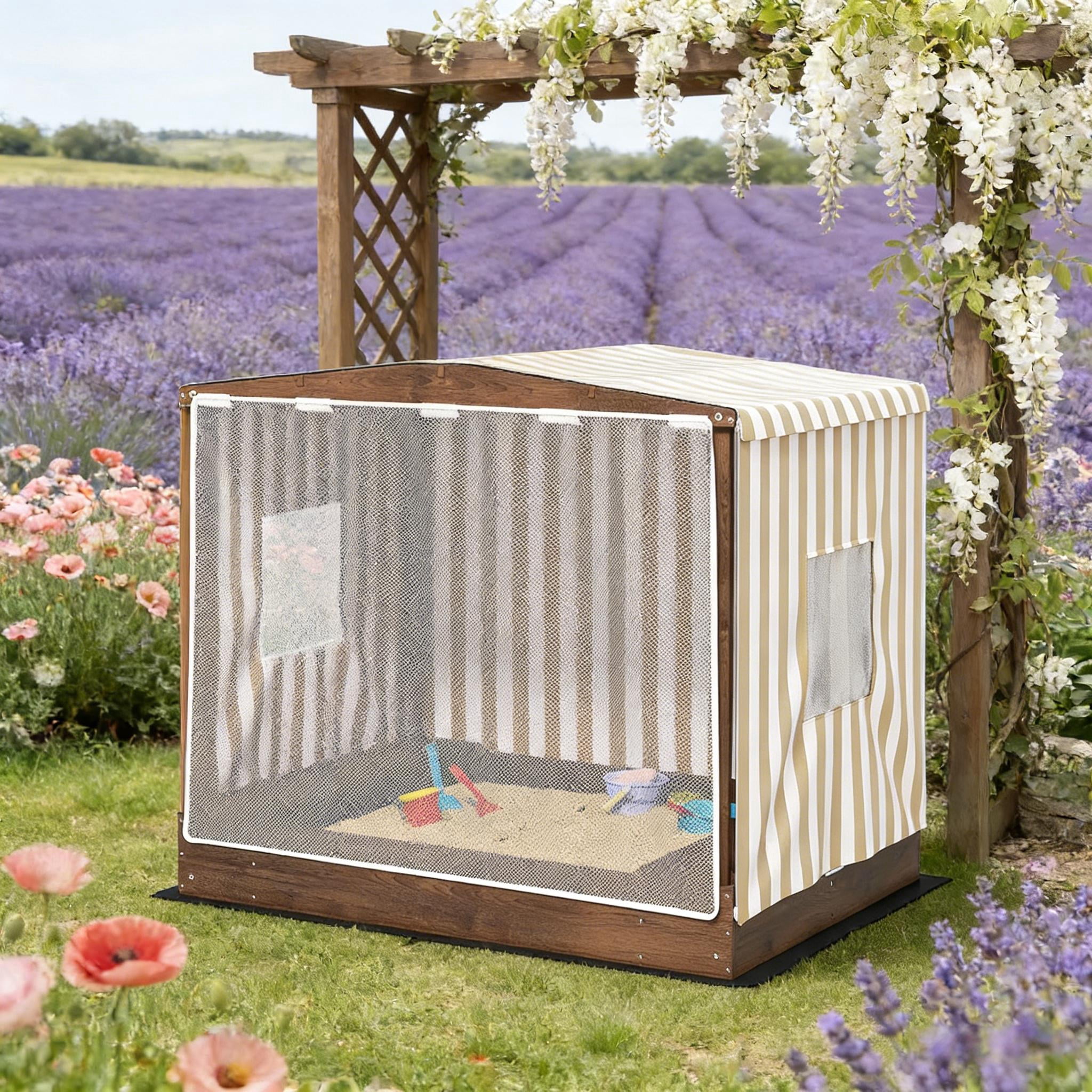 Kids Wooden Sandbox with Full Canopy & Mesh Door, Outdoor Sand Pit with 4-Seat Benches & Under-Seat Storage, Bottom Liner Sandbox for Backyard Play, Ages 3-6