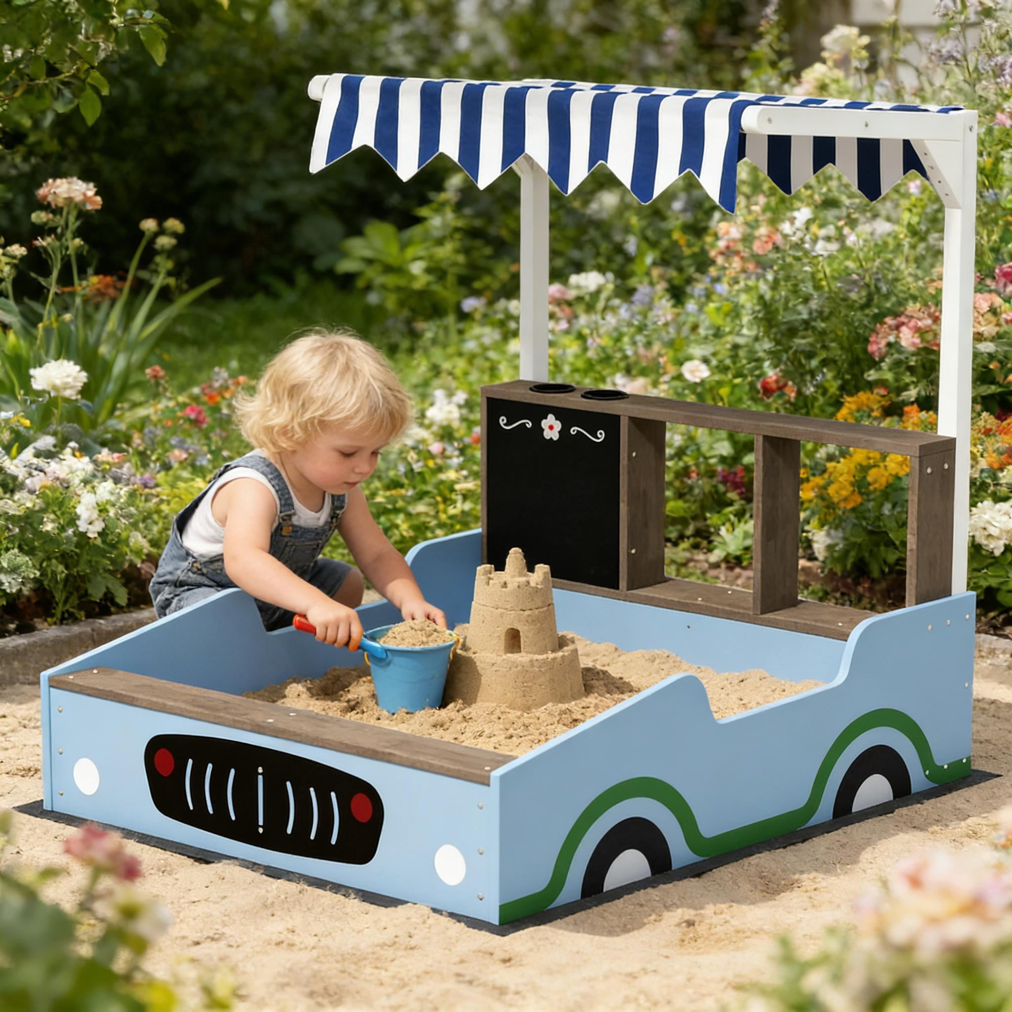 Kids Wooden Sandbox Grocery Store Play Station with UV Canopy, Drawing Board & Planting Boxes, Outdoor Fir Wood Sand Pit with Bench Seat for Ages 3-7