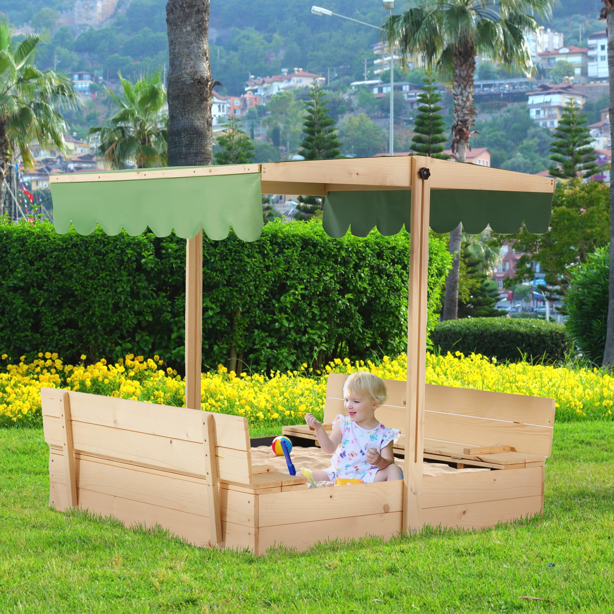 Kids Wooden Sandbox Outdoor with 2 Bench Seats and Height Adjustable