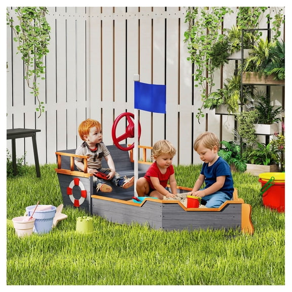 Kids Wooden Sandbox Pirate Ship Sandboat with Bench Seat & Storage, Cedar Wood, Gray