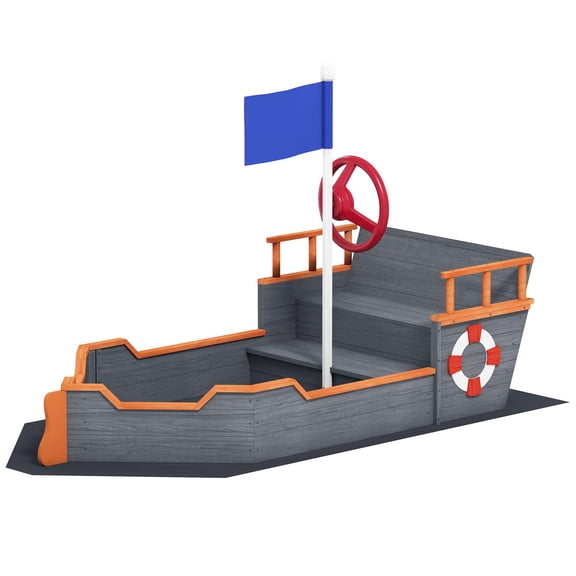 Kids Wooden Sandbox Pirate Ship Sandboat with Bench Seat Storage Space Cedar Wood Gray