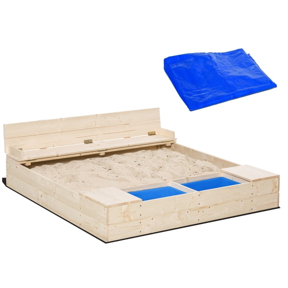 Kids Wooden Sandbox, w/ Two Plastic Boxes Foldable Bench Seat Waterproof Cover Bottom Liner Storage Space