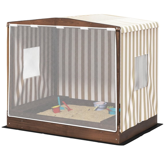 Kids Wooden Sandbox with Canopy 2 Bench Seats Bottom Liner 56 x 40 x 52 Inches Brown