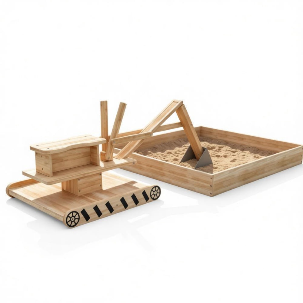 Kids Wooden Sandbox with Digger And 360° Rotating Seat Bottom Liner Included 72" x 35" x 22"