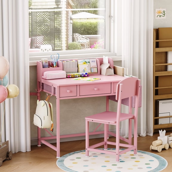 Kids Wooden Study Desk and Matching Chair Set - Study Table with Storage & Drawers, Homework Desk for Boys & Girls Ages 5-12 - Pink