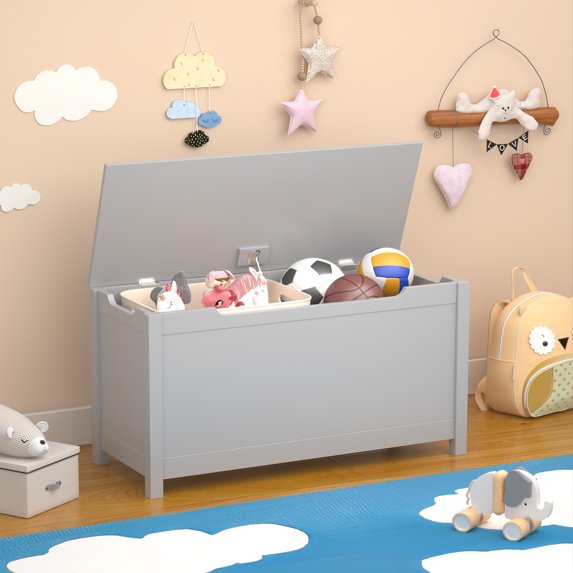 Kids Wooden Toy Box Storage with Safety Hinged Lid,31.5" x 13" x 16.7"