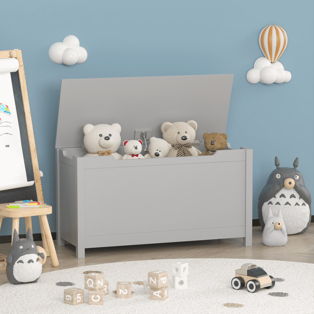 Kids Wooden Toy Box, Storage with Safety Hinged Lid, Modern Toy Storage Organizer for Living Room, Bedroom, Toddler Room, Gray