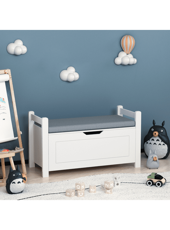 Kids Wooden Toy Chest for Girls Boys, 2 In 1 Large Toy Storage Truck Bench with Flip-Top Lid, 2 Safety Hinges & Padded Seat Cushion, Toddler Big Toy Box for Playroom & Bedroom, White