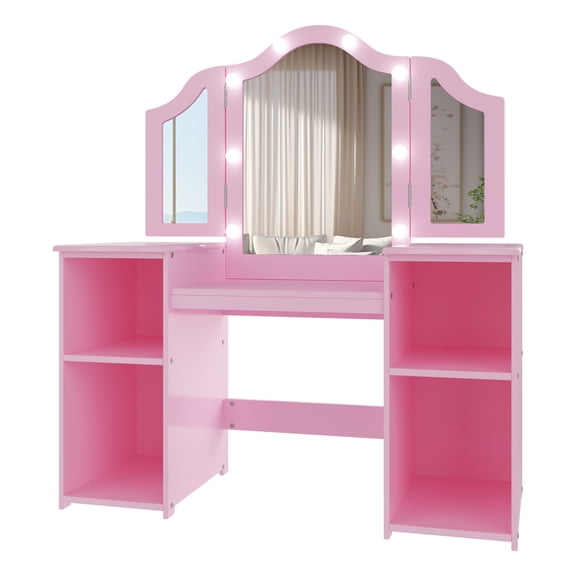 Kids' Wooden Vanity Table and Stool Set with 3 Mirrors, Princess Makeup Dressing Table,Children's Furniture