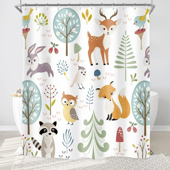 Kids Woodland Shower Curtain for Bathroom Decor 72Wx72H Cartoon Animals Boys Girls Children Cute Funny Colorful Wildlife Art Printed Fabric Polyester Waterproof 12 Pack Plastic Hooks