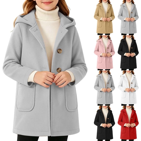 Kids Wool Blend Coat Hooded Pea Coat 5-15Y Button Down Long Sleeve Hooded Mid-Length Trench Coat Winter Outerwear with Pockets for Boys Girls Fall Winter Daily Wear(Gray,6-7Years)