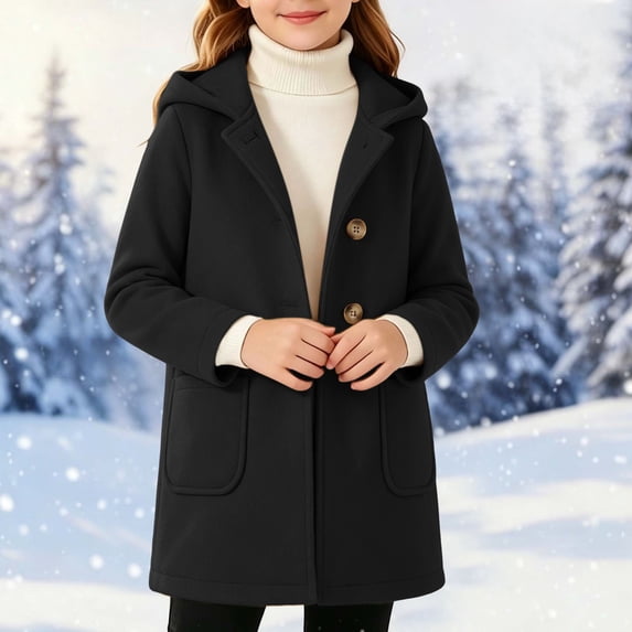 Kids Wool Winter Overcoat, Hooded Long Sleeve With Pockets, Solid Color Warm Outerwear For Boys Girls Black 4-5Years