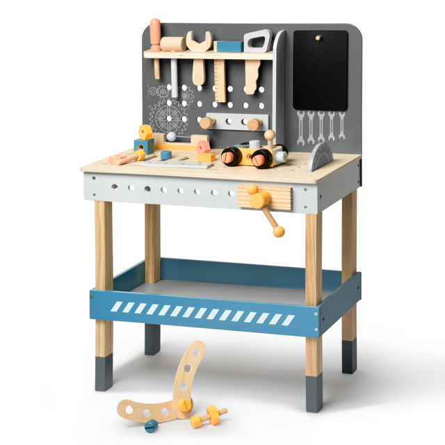 Kids Workbench Playset, Modern Wooden Workbench with Blackboard, Toy