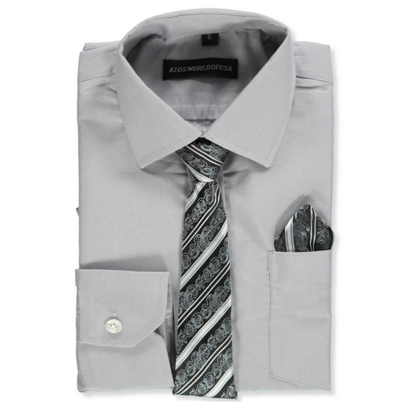 Kids World Boys’ Dress Shirt & Tie (Patterns May Vary) Color: light gray Size: 16