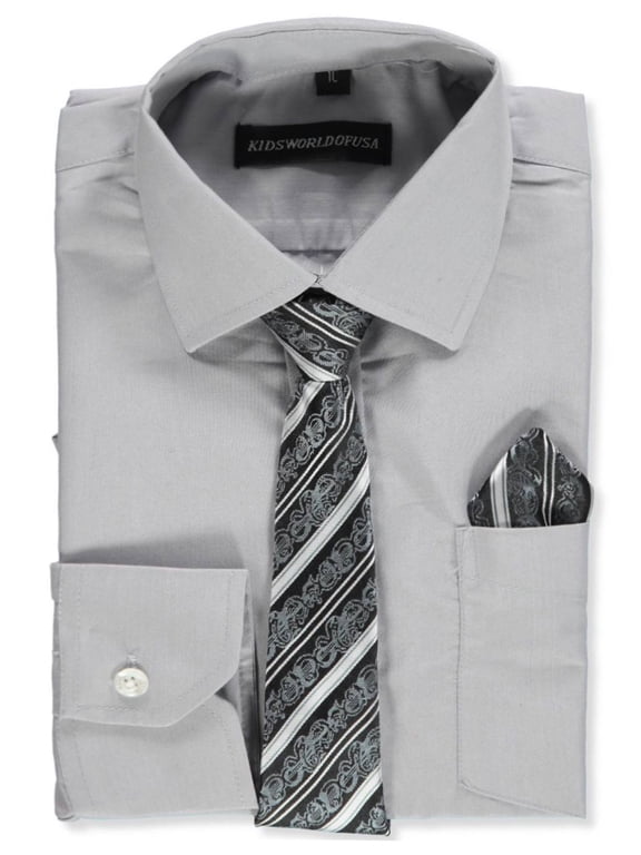 Boys’ Dress Shirt & Tie (Patterns May Vary) Color: light gray Size: 16