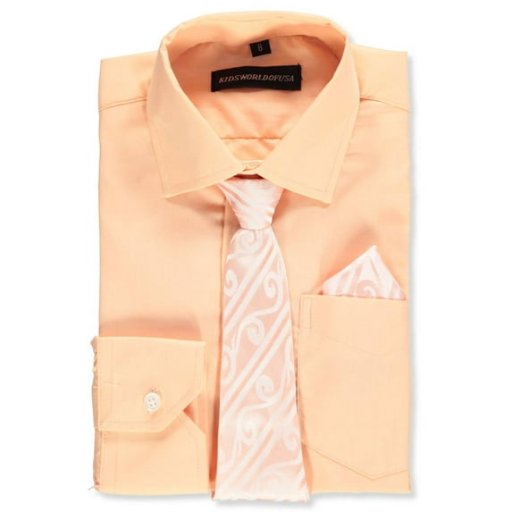 Kids World Boys’ Dress Shirt & Tie (Patterns May Vary) Color: peach Size: 20