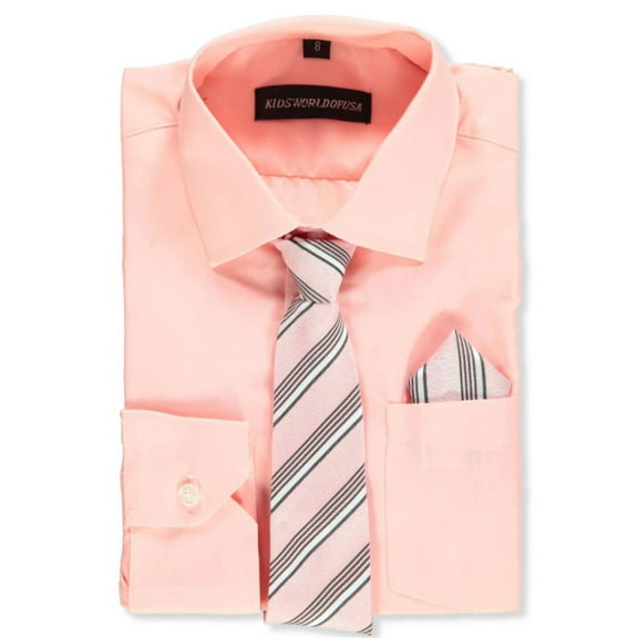 Kids World Boys’ Dress Shirt & Tie (Patterns May Vary) Color: blush Size: 4