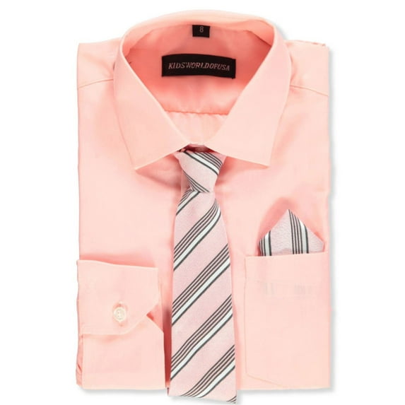 Kids World Boys’ Dress Shirt & Tie (Patterns May Vary) Color: blush Size: 6