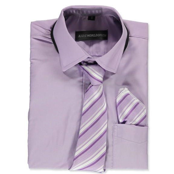 Kids World Boys’ Dress Shirt & Tie (Patterns May Vary) Color: lavender Size: 16