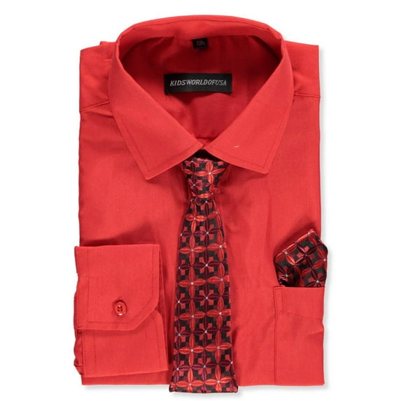 Kids World Boys’ Dress Shirt & Tie (Patterns May Vary) Color: red Size: 20