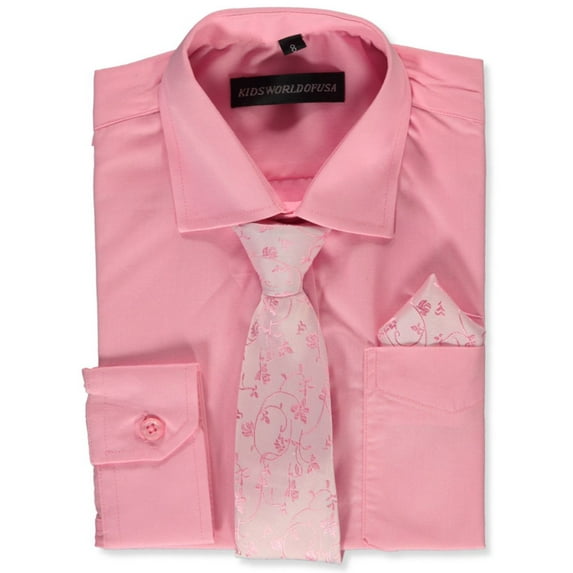 Kids World Boys’ Dress Shirt & Tie (Patterns May Vary) Color: rose Size: 14