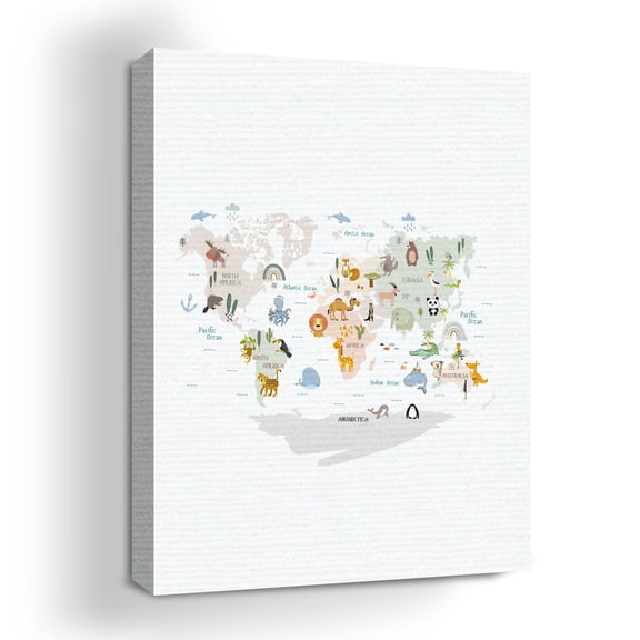 Kids World Map Canvas Wall Art by Mavis Print- 18x24 inches Map Wall Decor | UV & Water Resistant HD Printed & Wooden framed wall art | Modern Wall Decor for Gift | Made in USA