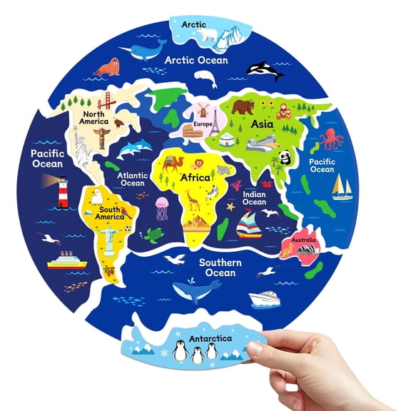 Kids World Map Felt Puzzle, Interactive 7 Continents & Oceans Educational Toy for Ages 3+, Montessori Geography Teaching Aid for Classroom & Homeschool