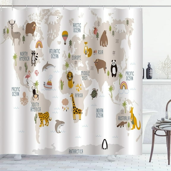 Kids World Map Shower Curtain,Animal Map Educational Geography Learning Tool Shower Curtains for Bathroom Cartoon Funny Waterproof Fabric Bathroom Curtains with Plastic Hooks-60"W x 72"L (Pack of 1)