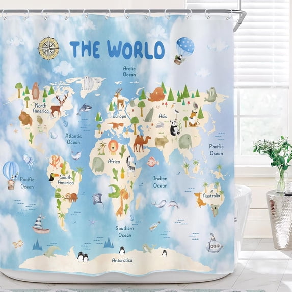 Kids World Map Shower Curtain for Bathroom Decor 72Wx72H Blue Funny Educational Cartoon Cute Animal Geography Continents Ocean Art Printed Fabric Polyester Waterproof 12 Pack Plastic Hooks