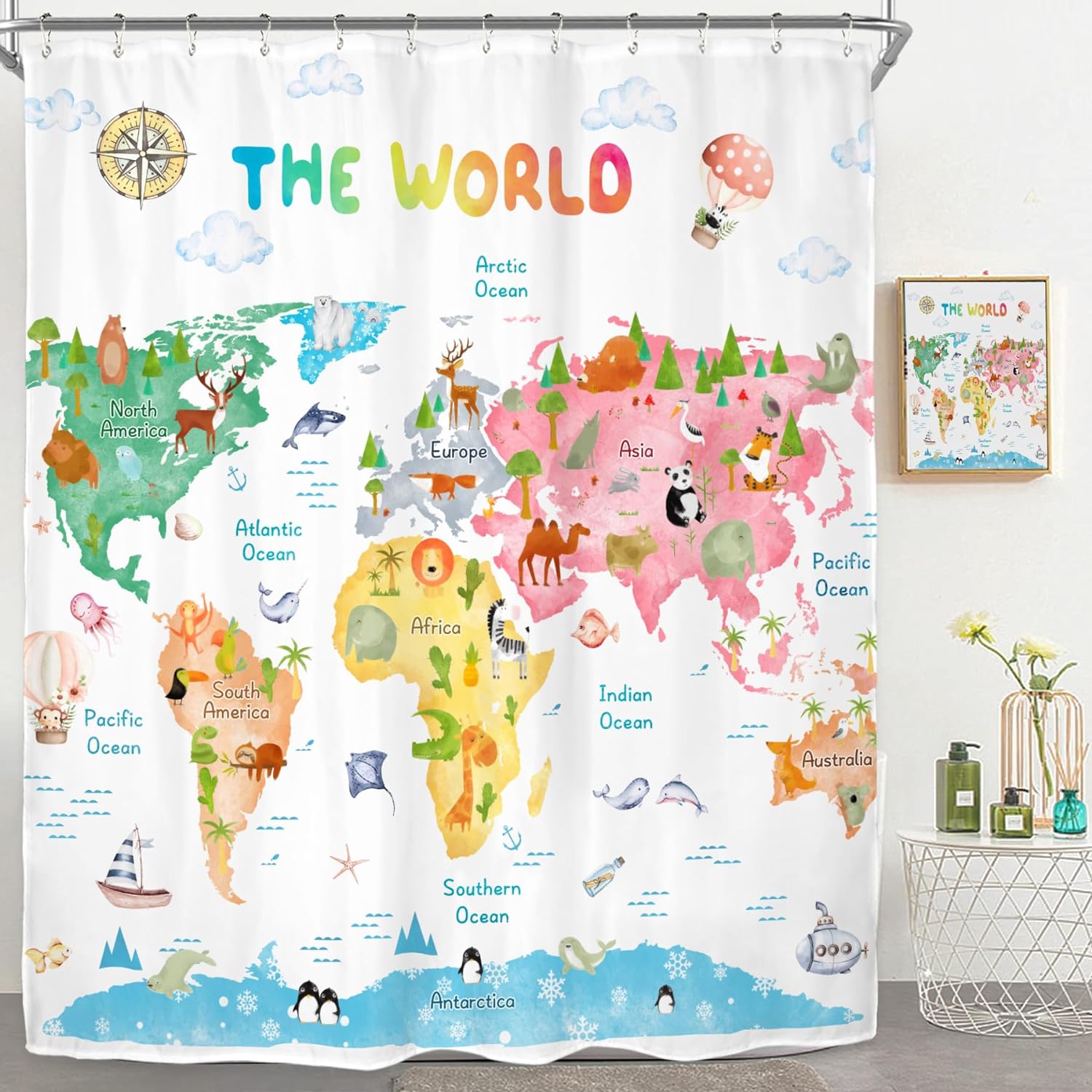 Kids World Map Shower Curtain for Bathroom Decor Funny Educational Tool ...