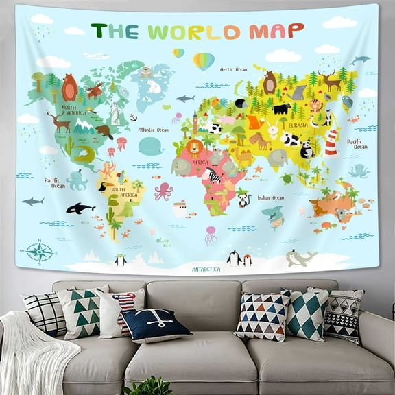 Kids World Map Tapestry, Cartoon Animals Map of World Topography Educational Blue Tapestries Posters for Student Dorm Wall Art Decor, Geographical Travel Map Tapestry for Bedroom Living Room, 60X50in