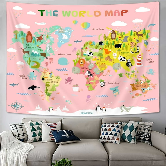 Kids World Map Tapestry, Cartoon Animals Map of World Topography Educational Pink Tapestries Posters for Student Dorm Wall Art Decor, Geographical Travel Map Tapestry for Bedroom Living Room, 80X60in