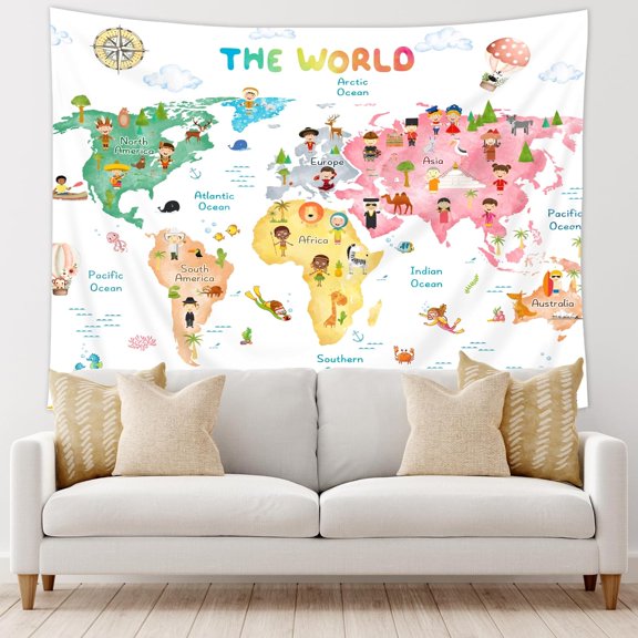 Kids World Map Tapestry Funny Educational Tool Cartoon Cute Ethnic People Animal Geography Continents Ocean Wall Hanging for Children Home Dorm Decor Art Living Room Bedroom