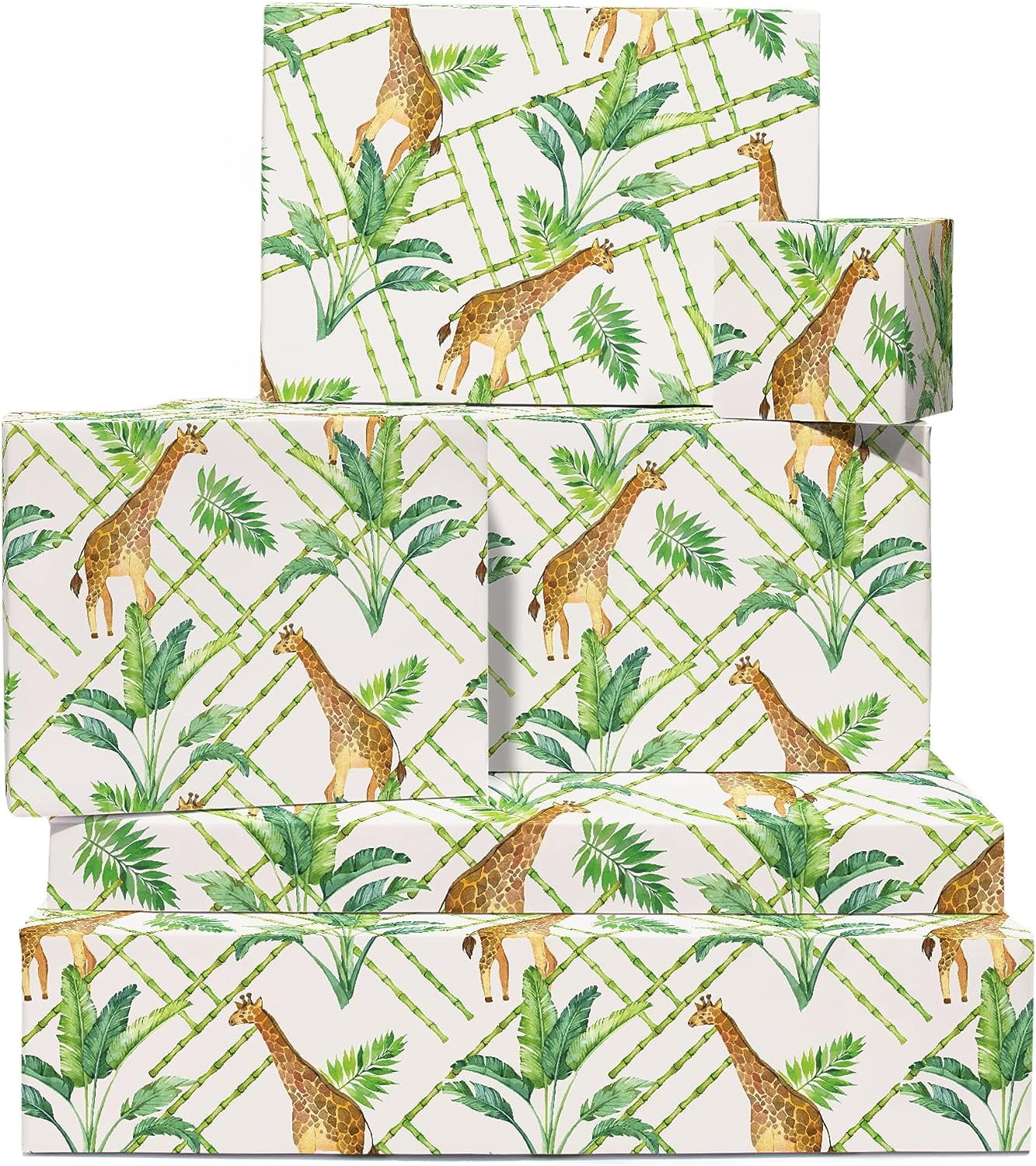 Kids Wrapping Paper - 6 Sheets of Gift Wrap and Tags - Bamboo Giraffe Leaves - Safari Jungle Wildlife - Green - For Girls Boys - Comes with Stickers - By Central 23