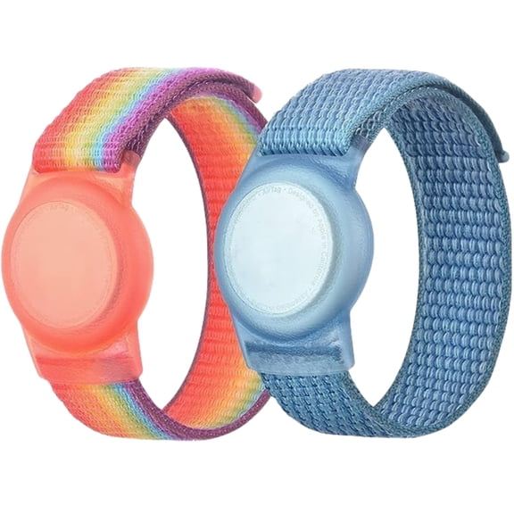 Kids Wristband Compatible with Apple AirTag, Protective Case for Air Tag GPS Tracker Holder with Nylon Bracelet, Adjustable Anti Lost Watch Band for Toddler Child Elder(RainbowB&Blue)