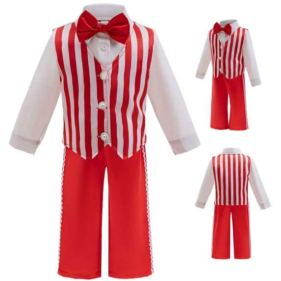 Kids Xmas Red Stripe Christmas Gentleman Suit 3PC Shirts Vest Pant Gentleman Outfit for 1-2T
