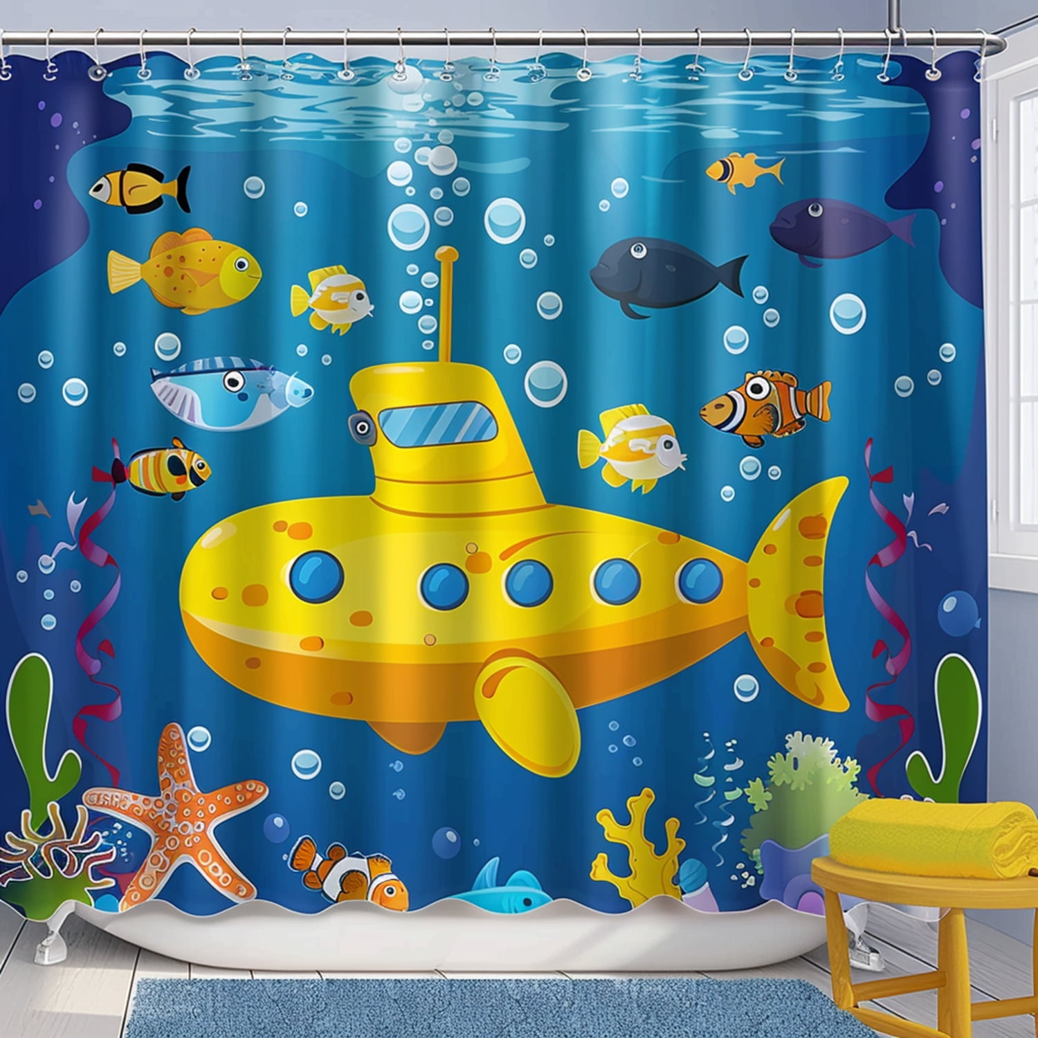 Kids Yellow Submarine Underwater World Shower Curtain Set Colorful Fish