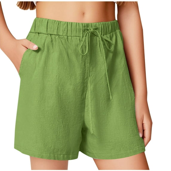 Kids Yoga Shorts for Girls on Clearance Linen Shorts for Girls Casual Summer Drawstring Elastic Waist Short Pants with Pocket Comfy Going out Beach Trousers New Green 5-6 Years