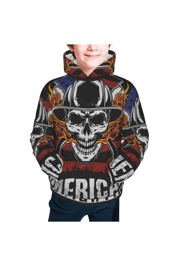 Kids Youth 3D Print Hoodie Hooded Pullover Sweatshirt, American Fire Fighter Skull
