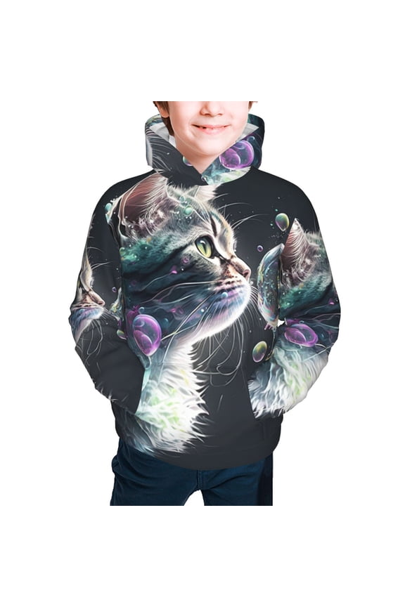Kids Youth 3D Print Hoodie Hooded Pullover Sweatshirt, Cat Blow Bubbles