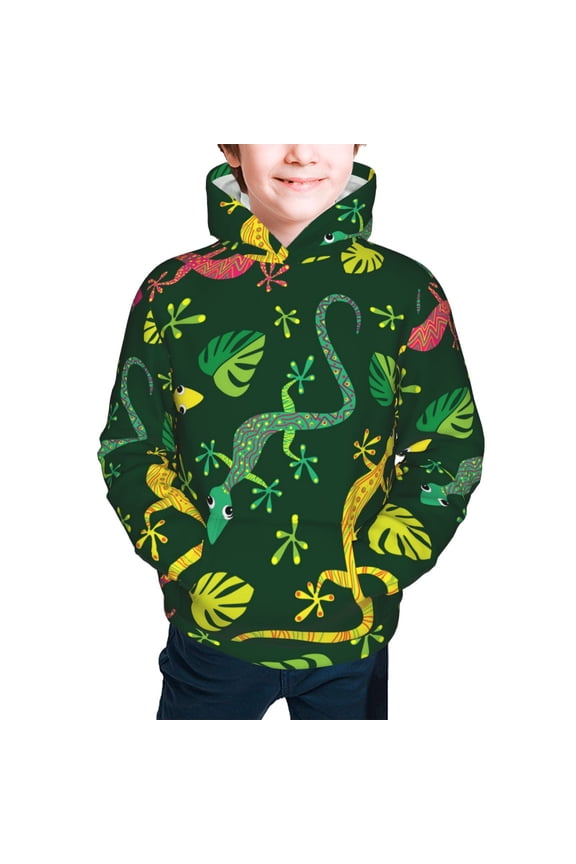 Kids Youth 3D Print Hoodie Hooded Pullover Sweatshirt, Colorful Lizard Gecko Native