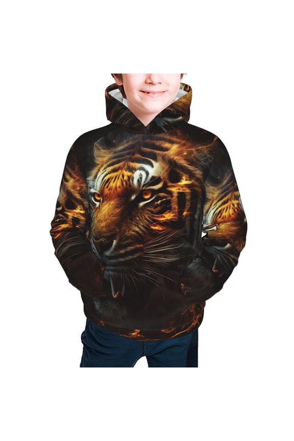 Kids Youth 3D Print Hoodie Hooded Pullover Sweatshirt, Fire King Tiger Face Art