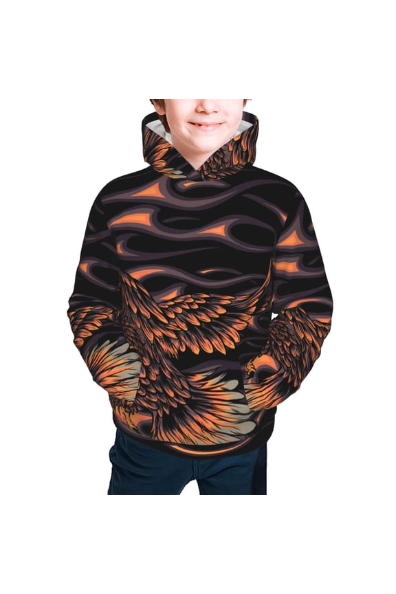 Kids Youth 3D Print Hoodie Hooded Pullover Sweatshirt, Flaming Eagle Fire