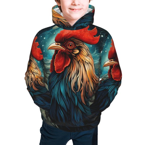 Kids Youth 3D Print Hoodie Hooded Pullover Sweatshirt, Rooster Vintage Cool Art