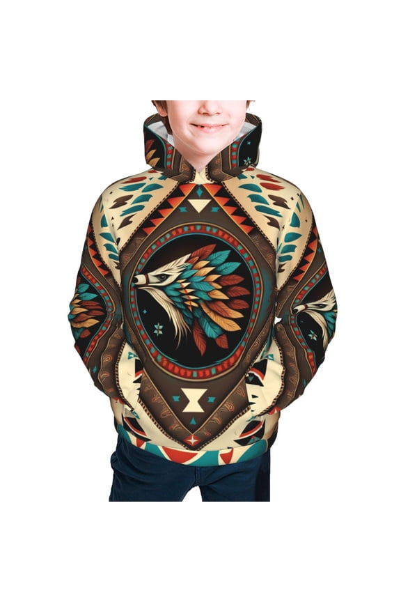 Kids Youth 3D Print Hoodie Hooded Pullover Sweatshirt, Southwestern Feather Geometric Native American