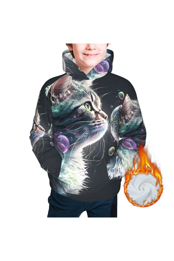 Kids Youth 3D Print Warm Hoodie Thickened Hooded Pullover Sweatshirt, Cat Blow Bubbles
