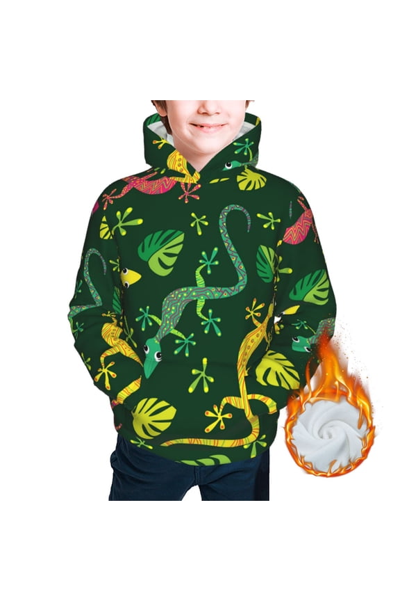 Kids Youth 3D Print Warm Hoodie Thickened Hooded Pullover Sweatshirt, Colorful Lizard Gecko Native