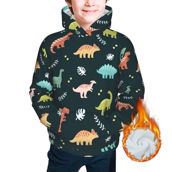 Kids Youth 3D Print Warm Hoodie Thickened Hooded Pullover Sweatshirt, Dinosaurs And Leaves