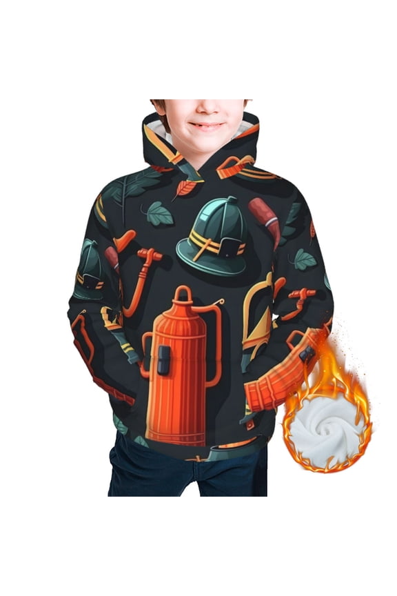 Kids Youth 3D Print Warm Hoodie Thickened Hooded Pullover Sweatshirt, Firefighting Items Firefighter Fire Fighter
